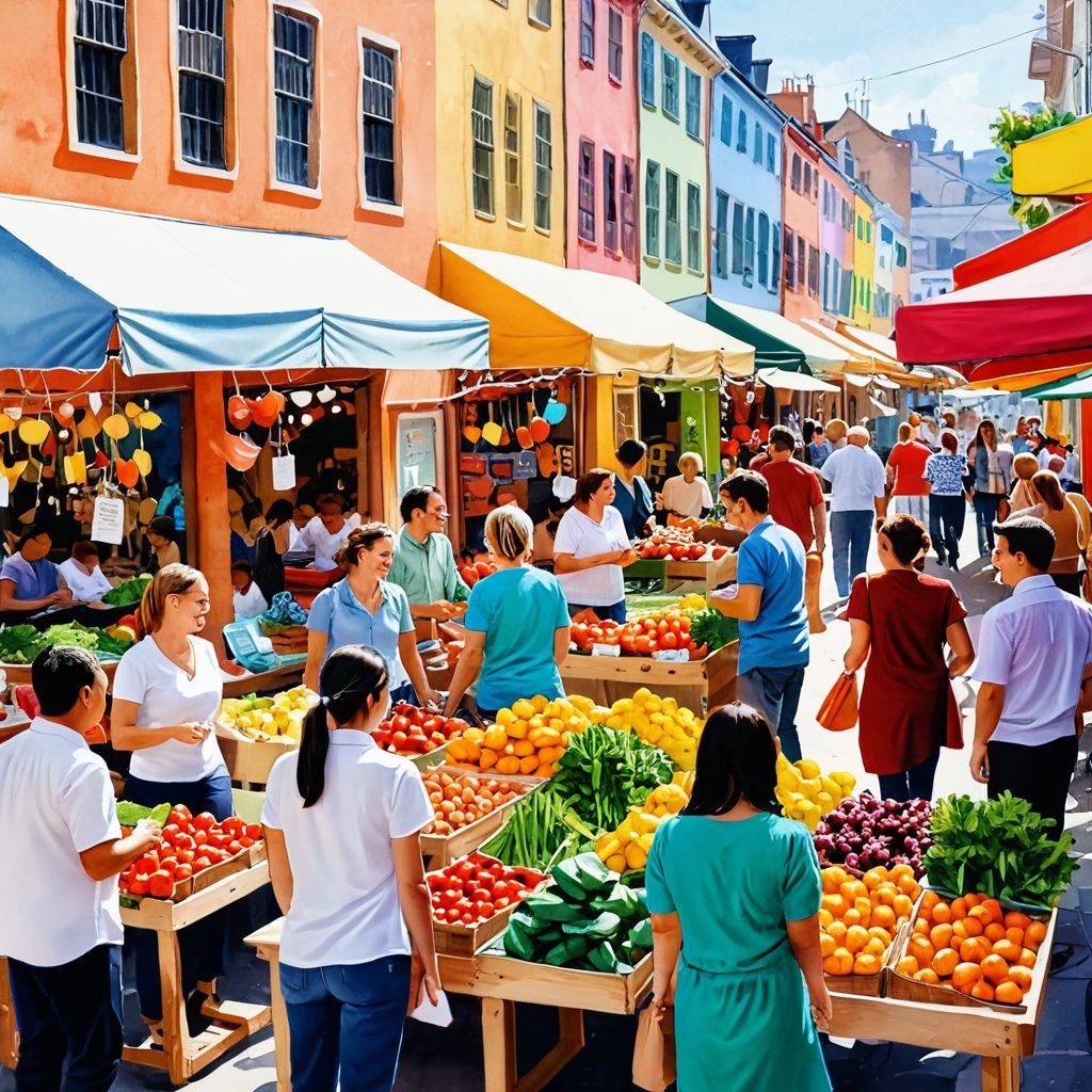 A vibrant marketplace scene filled with diverse, smiling customers interacting joyfully with cheerful vendors. Colorful stalls displaying an array of products, like fresh produce and handmade goods, create a lively atmosphere. Incorporate elements of heart symbols to signify customer delight, with sunlight streaming in to add warmth. Background should feature bright banners or signs promoting happiness in shopping. watercolor style. bright colors. lively and whimsical.