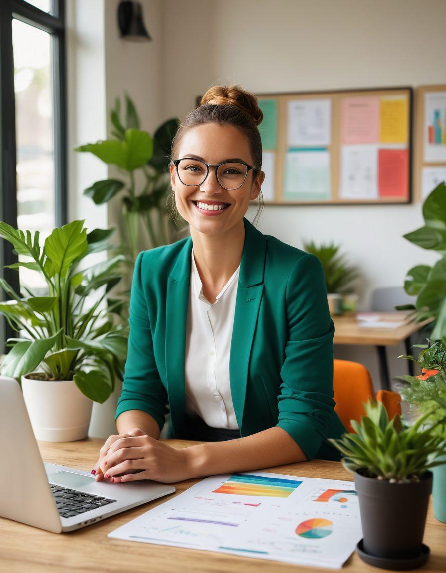 A smiling entrepreneur engaging with happy clients in a bright, modern office space filled with plants and colorful decor. Illustrate a laptop open with graphs showing growth and satisfaction, while coffee cups and notepads are scattered on a lively table. Capture the essence of teamwork and joy in a dynamic environment. vibrant colors. super-realistic. cozy atmosphere.