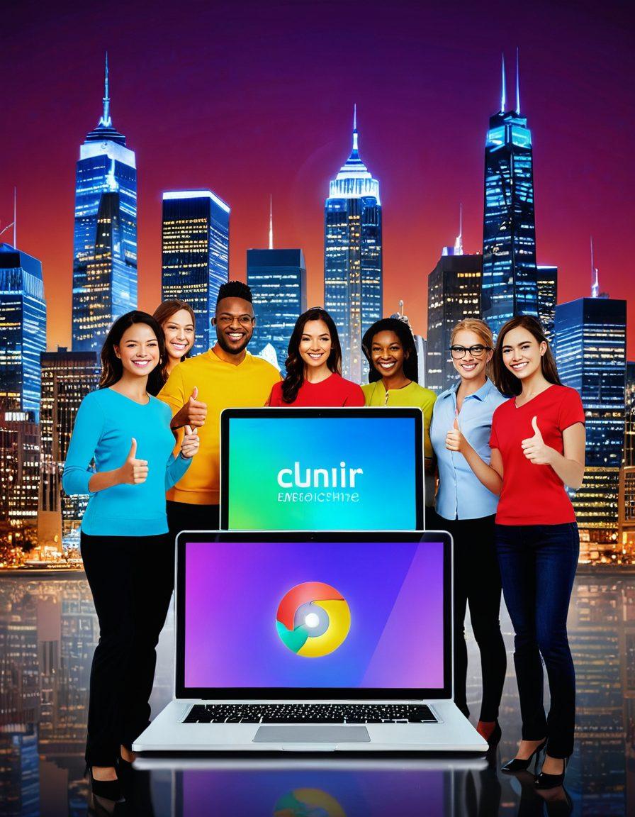 A diverse group of smiling customers giving enthusiastic thumbs up in front of a glowing laptop screen displaying a thriving online store. The background features a bustling cityscape symbolizing business growth, with bright, uplifting colors and icons of success like graphs and dollar signs floating above them. The atmosphere is vibrant and positive, capturing the essence of customer satisfaction leading to business success. super-realistic. vibrant colors. 3D.